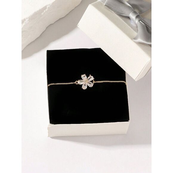 Flower Cubic Zironia Pendant Gold Chain Bracelet Adjustable Classic Dainty Florl - Picture 3 of 4